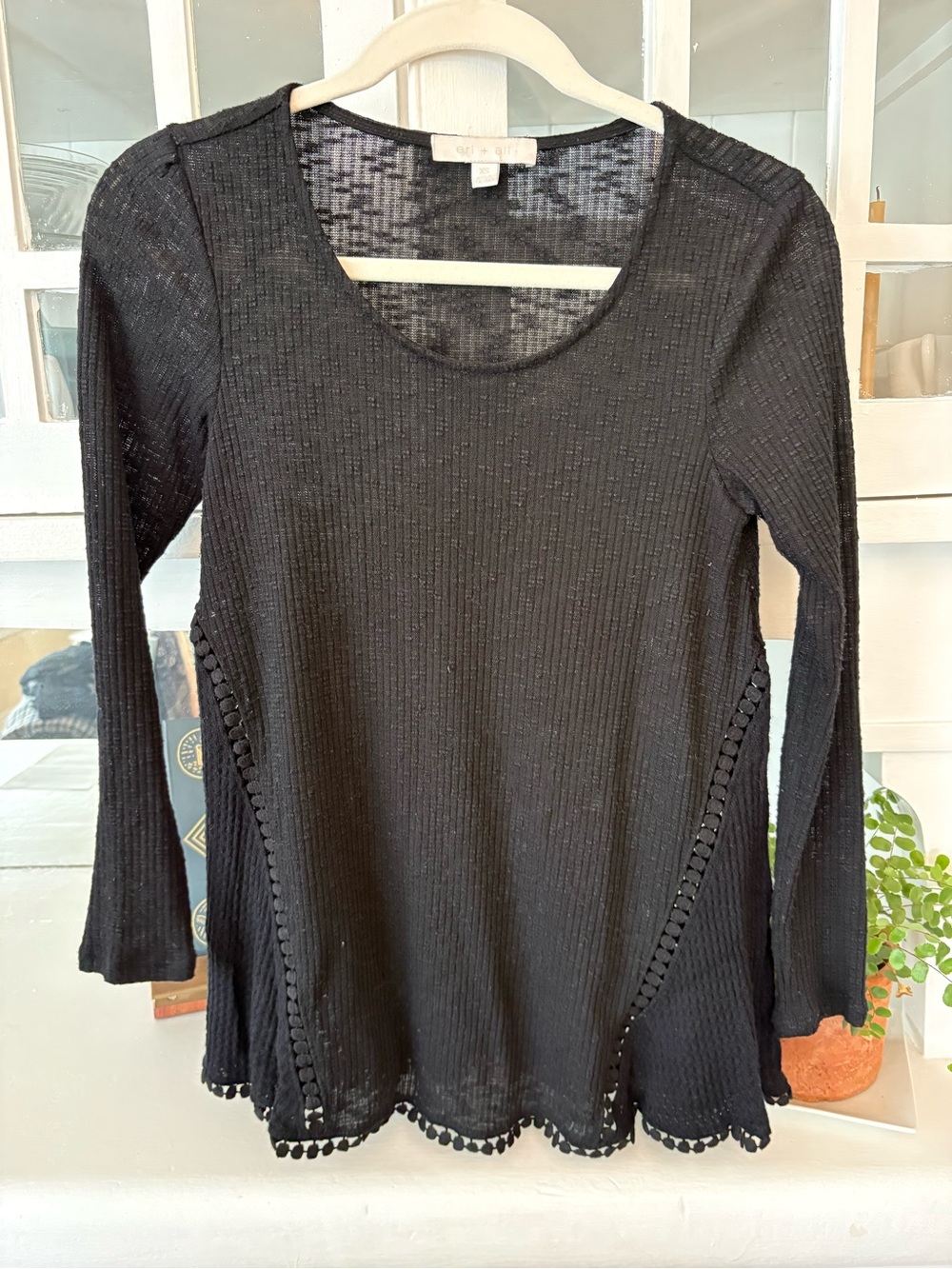 Anthropologie Eri + Ali Black Long-Sleeve Scoop-Neck Knit Tunic with Pom Trim
